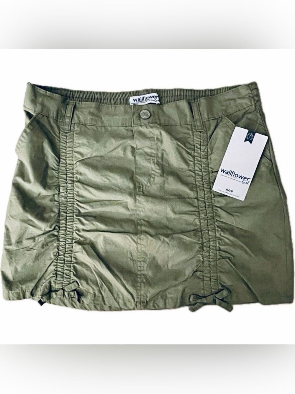 NWT Gorgeous Wallflower L (14-16) Girls Olive Green Parachute Ruched Mini Skirt